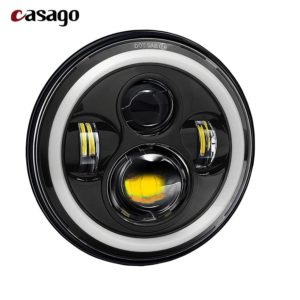 Casago 7 Inch Round LED Headlight with Stylish Halo Angle Eyes & High/ Low Beam Headlamp DOT Approved for Jeep Wrangler Harley Davidson, Cars and Motorcycles (75W, Pack of 1)