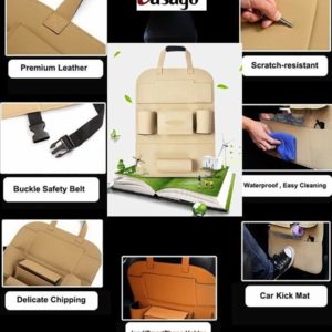 Casago Pu Leather Car Seat Back Organizer and iPad Mini Holder Universal Use as Car Backseat for Storage Bottle, Tissue Box (Beige)