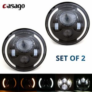 Casago CS7HH1P 7 Inch Round LED Headlight With Halo Angel Eye White DRL Amber Turn Signals Lamp for Jeep Wrangler Harley (70W, Pack of 2)
